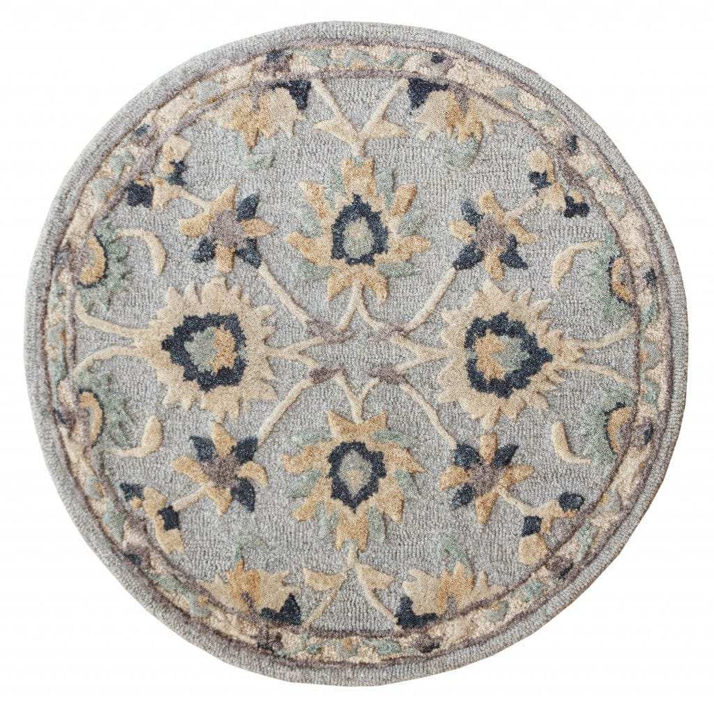 3' Round Beige and Blue Round Wool Floral Hand Woven Area Rug - Homeroots - Flyclothing LLC