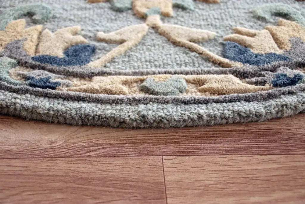 3' Round Beige and Blue Round Wool Floral Hand Woven Area Rug - Homeroots - Flyclothing LLC
