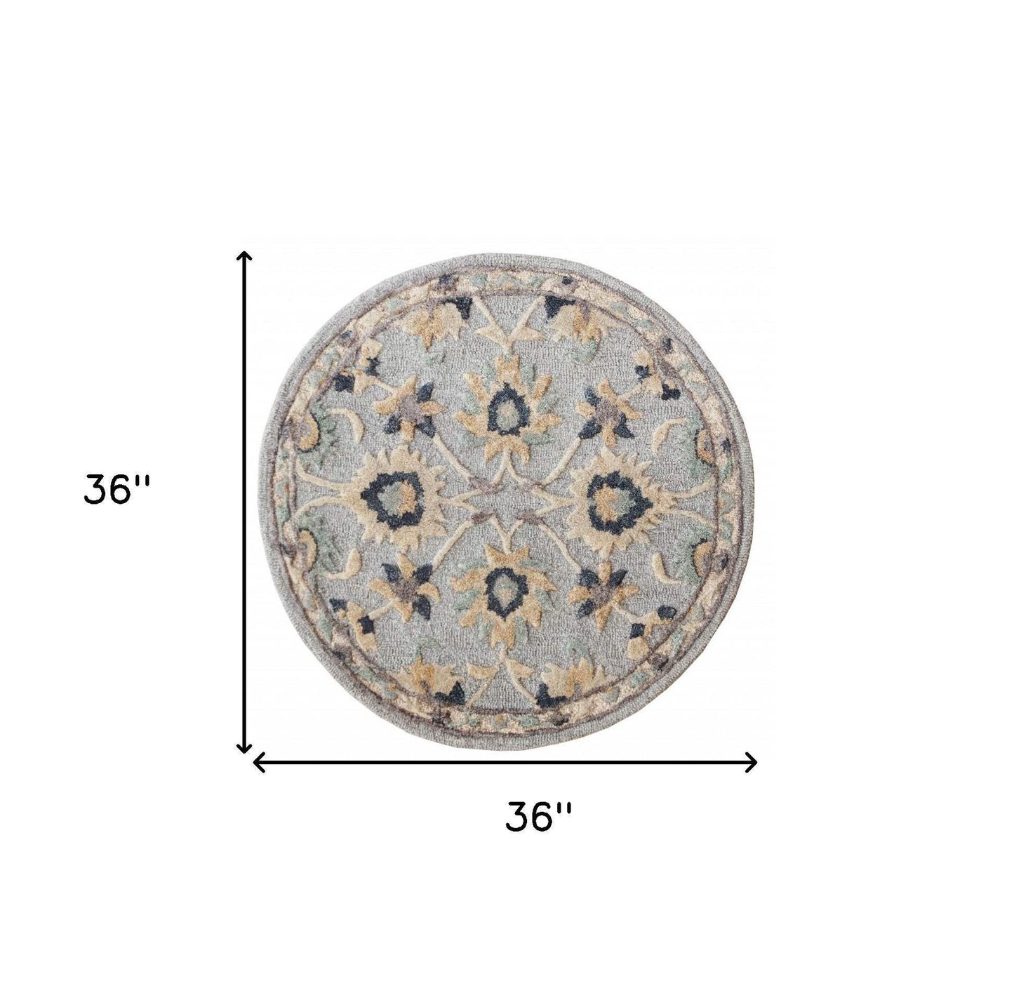 3' Round Beige and Blue Round Wool Floral Hand Woven Area Rug - Homeroots - Flyclothing LLC