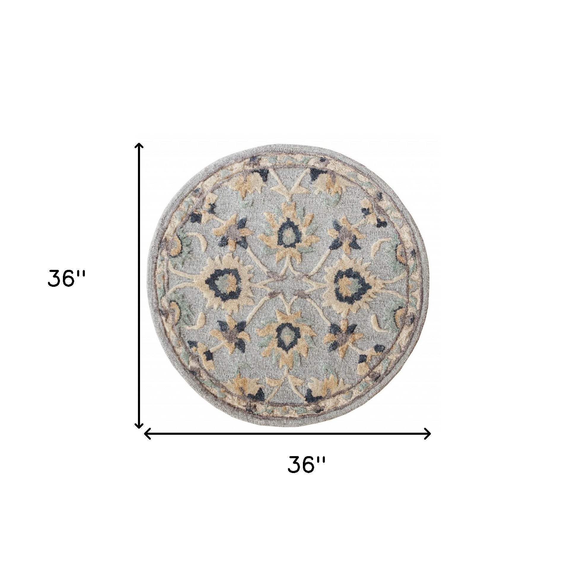3' Round Beige and Blue Round Wool Floral Hand Woven Area Rug - Homeroots - Flyclothing LLC