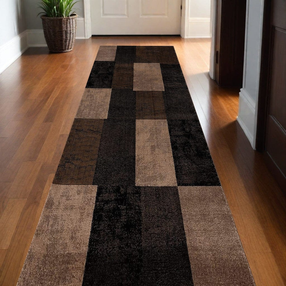 2' X 15' Brown Geometric Blocks Runner Rug - Homeroots