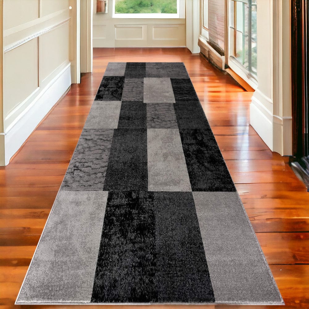 15' Gray Checkered Power Loom Runner Rug - Homeroots