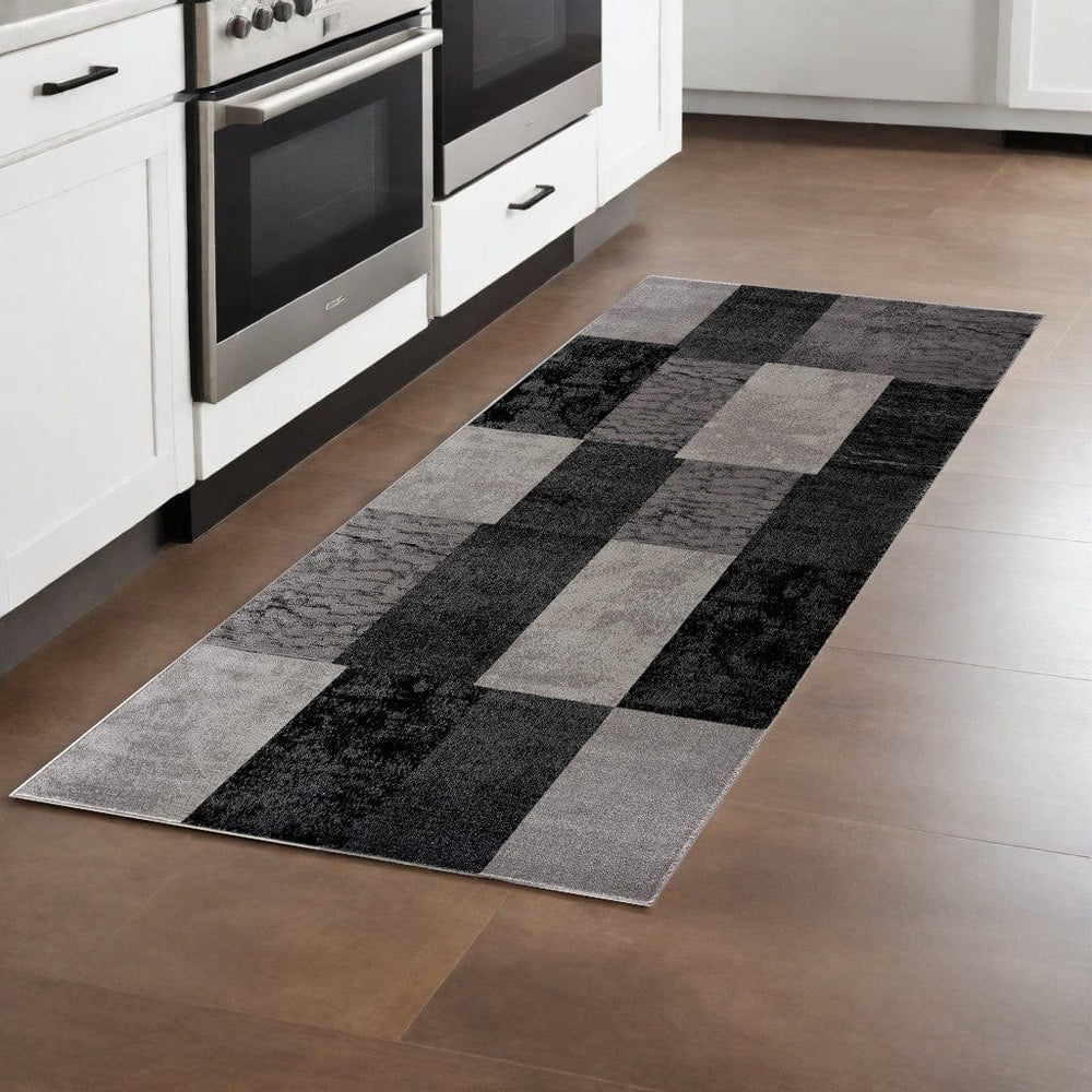 8' Grey Checkered Power Loom Runner Rug - Homeroots