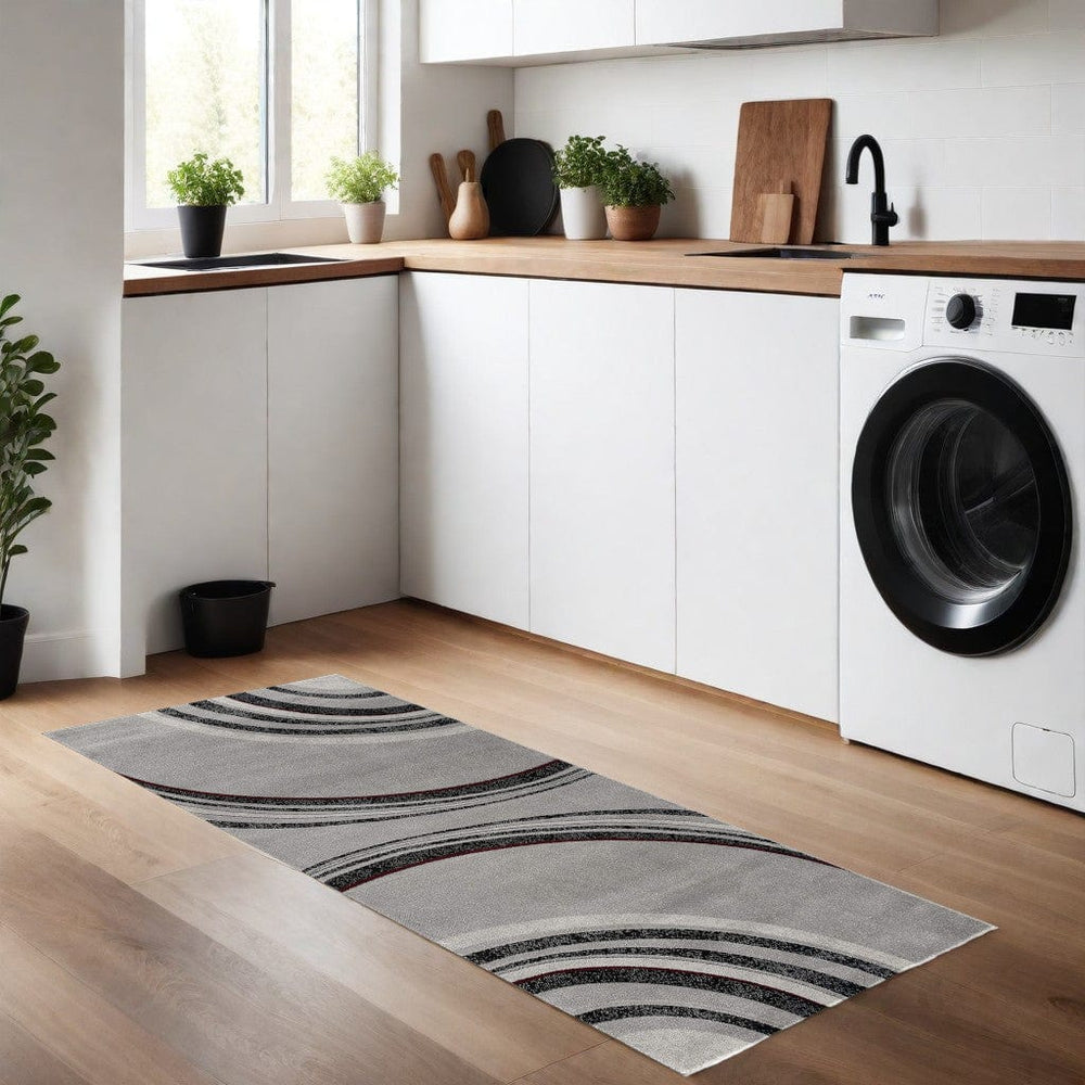 8' Gray and Black Geometric Power Loom Runner Rug - Homeroots