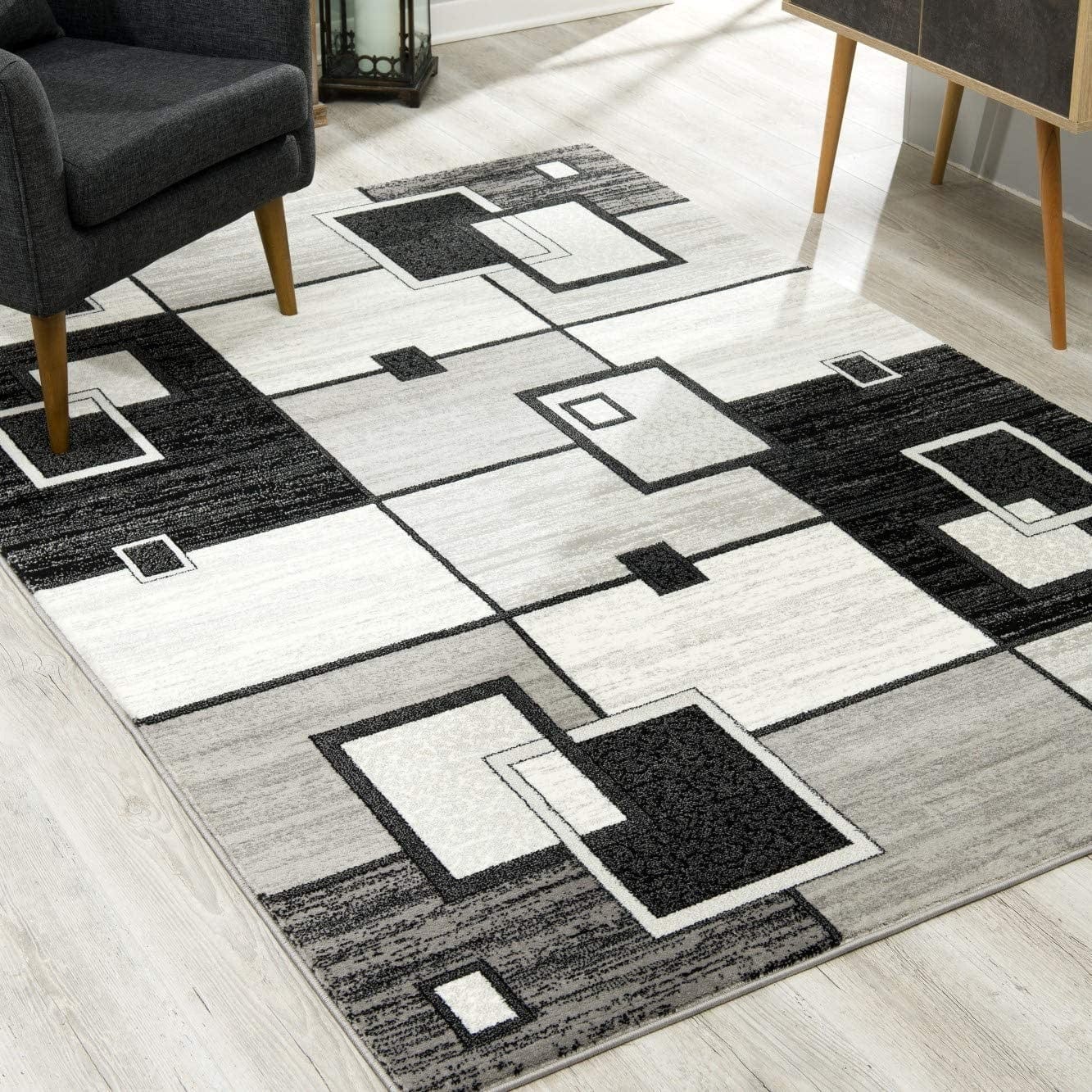 8' Gray and Black Geometric Power Loom Distressed Runner Rug - Homeroots