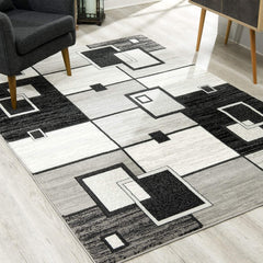 8' Gray and Black Geometric Power Loom Distressed Runner Rug - Homeroots