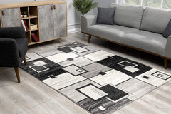 8' Gray and Black Geometric Power Loom Distressed Runner Rug - Homeroots
