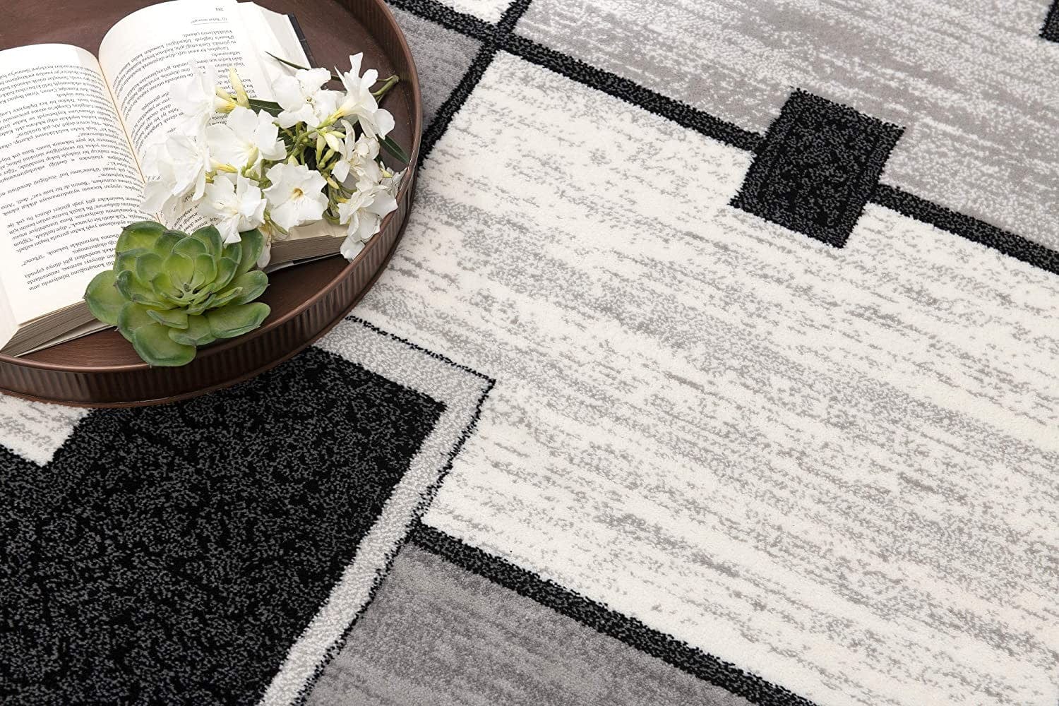 8' Gray and Black Geometric Power Loom Distressed Runner Rug