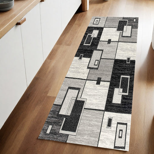 8' Gray and Black Geometric Power Loom Distressed Runner Rug