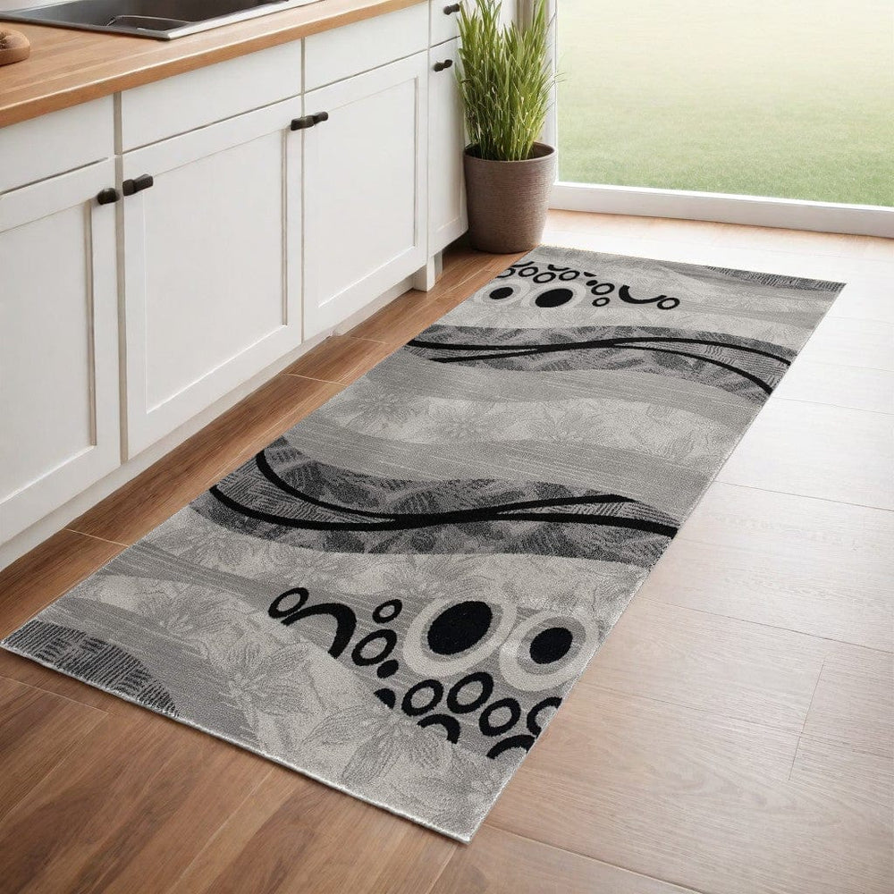 8' Grey Abstract Power Loom Runner Rug - Homeroots