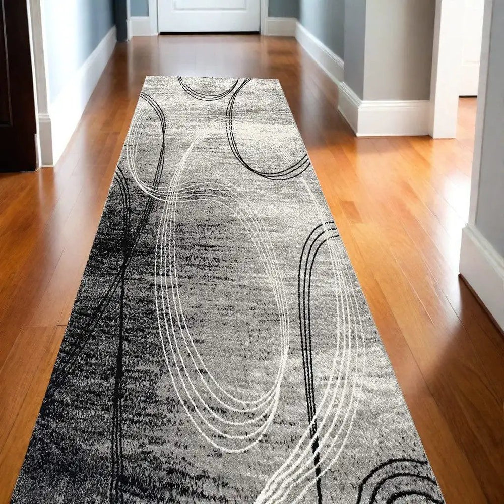 13' Gray and Black Abstract Shag Power Loom Runner Rug - Homeroots