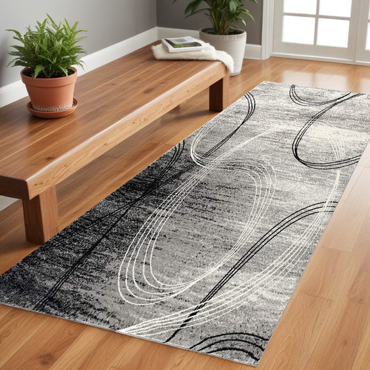 8' Gray and Black Abstract Power Loom Distressed Runner Rug