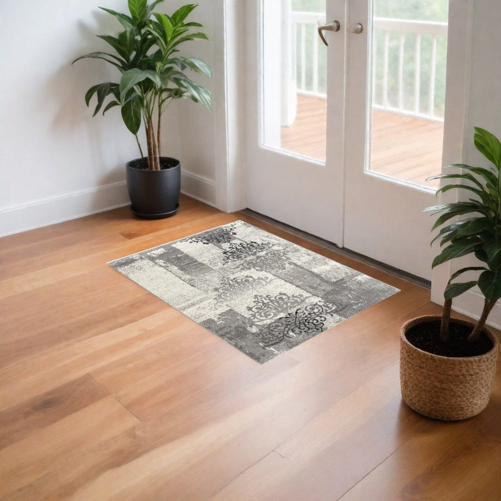 2' X 4' Gray Damask Dhurrie Area Rug - Homeroots