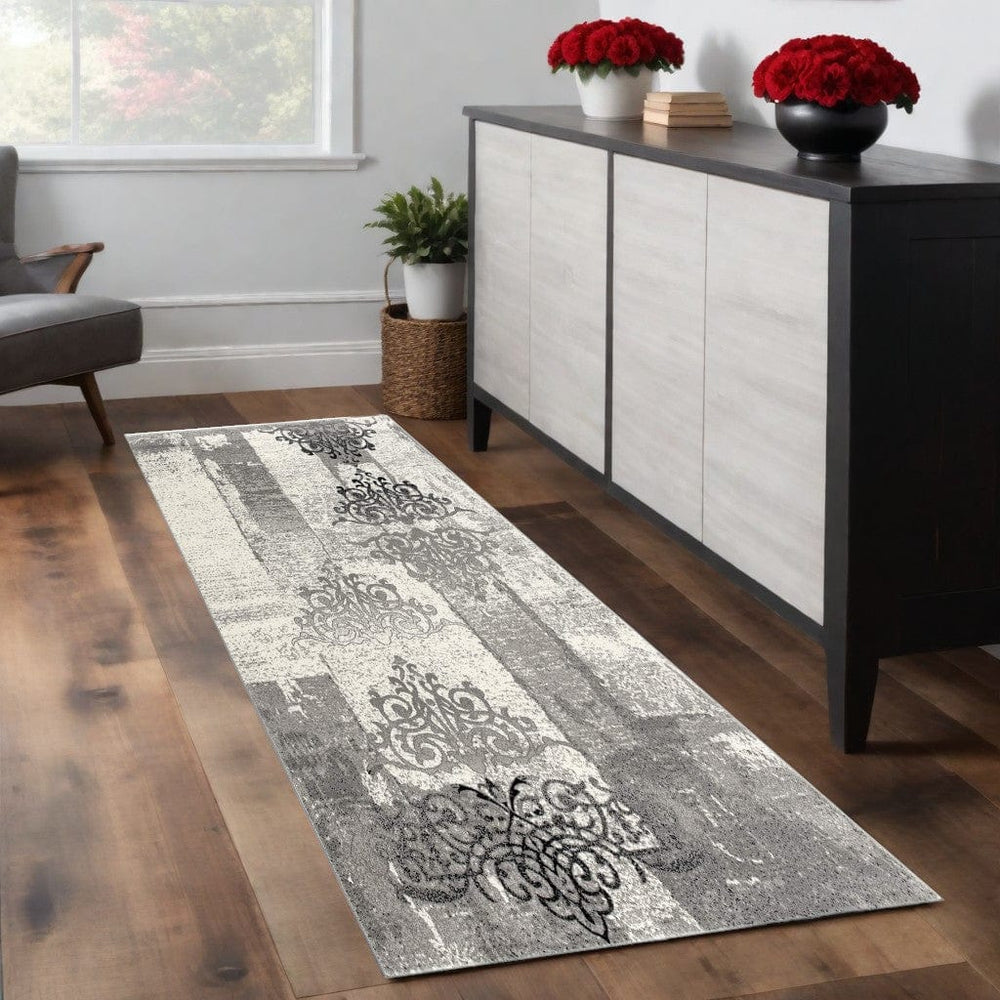 2' X 8' Gray Faded Filigree Pattern Runner Rug - Homeroots