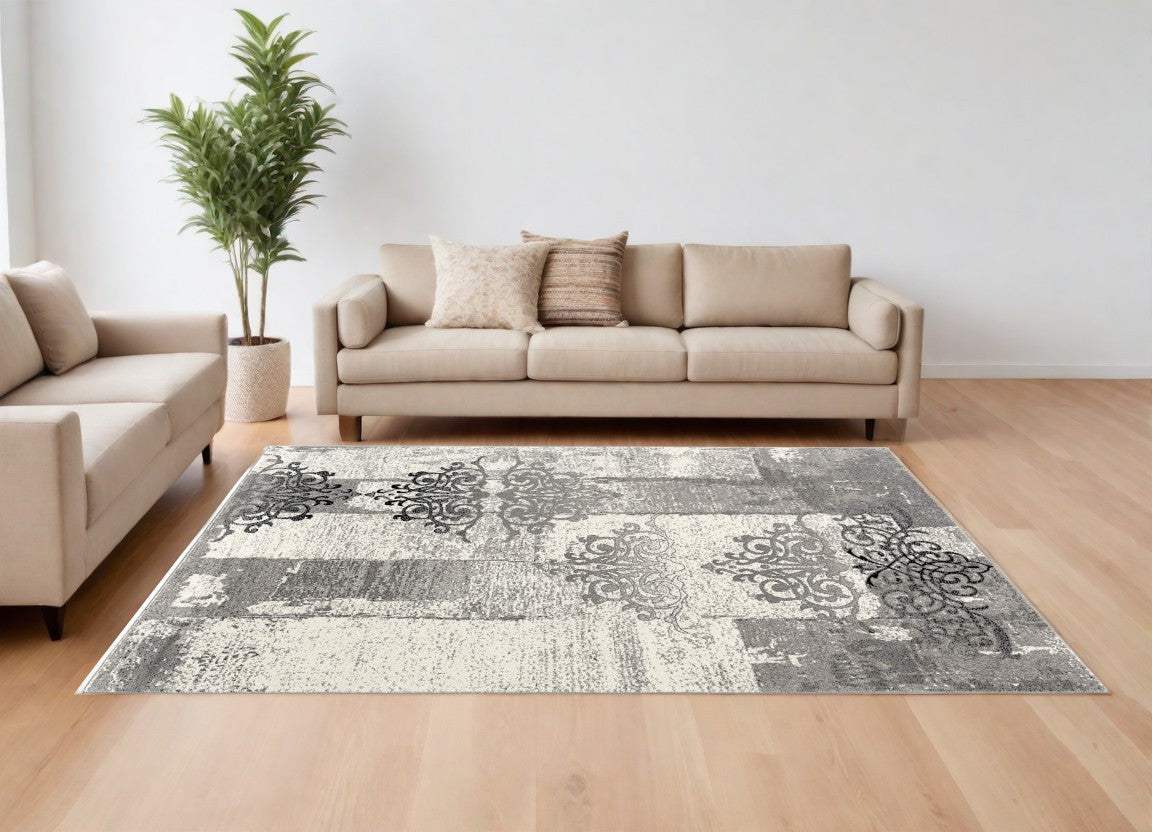 8' X 10' Gray Damask Dhurrie Area Rug - Homeroots - Flyclothing LLC
