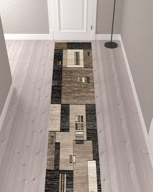 13' Beige Abstract Power Loom Runner Rug