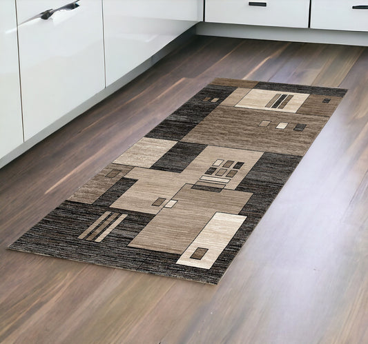 8' Brown and Black Abstract Power Loom Runner Rug