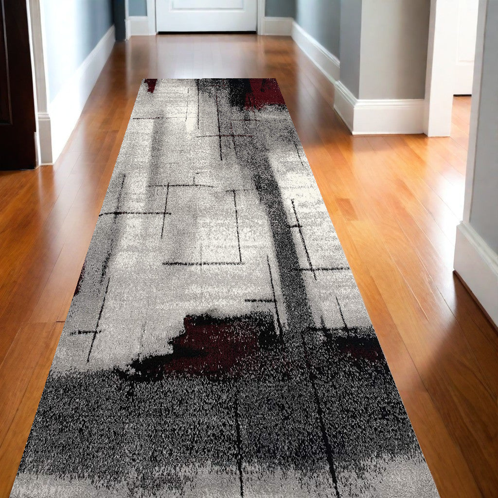13' Gray and Ivory Abstract Shag Power Loom Runner Rug