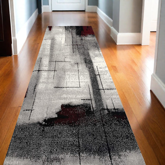 13' Gray and Ivory Abstract Shag Power Loom Runner Rug