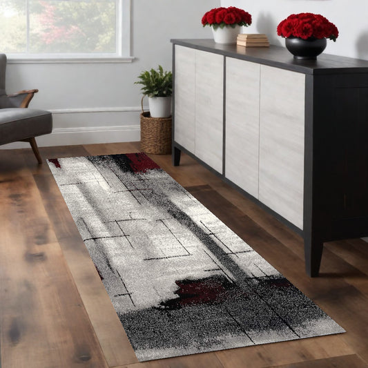8' Gray and Ivory Abstract Power Loom Distressed Runner Rug