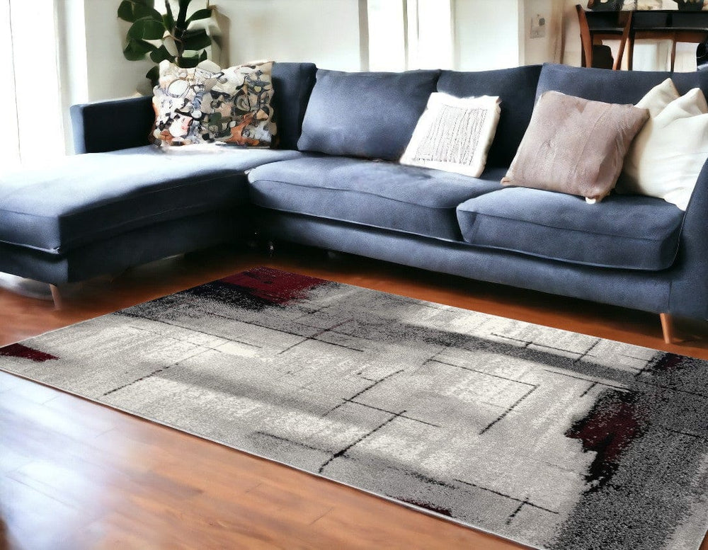 7' X 9' Gray And Burgundy Abstract Area Rug - Homeroots