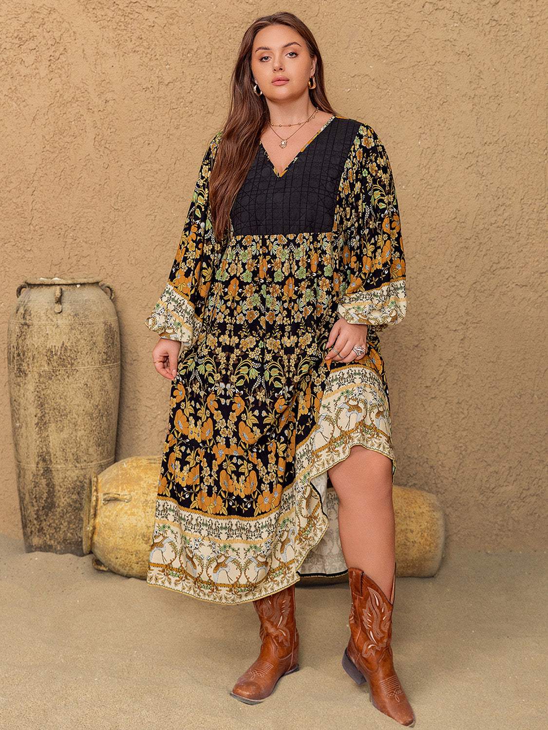 Plus Size Floral V-Neck Balloon Sleeve Midi Dress - Trendsi - Flyclothing LLC