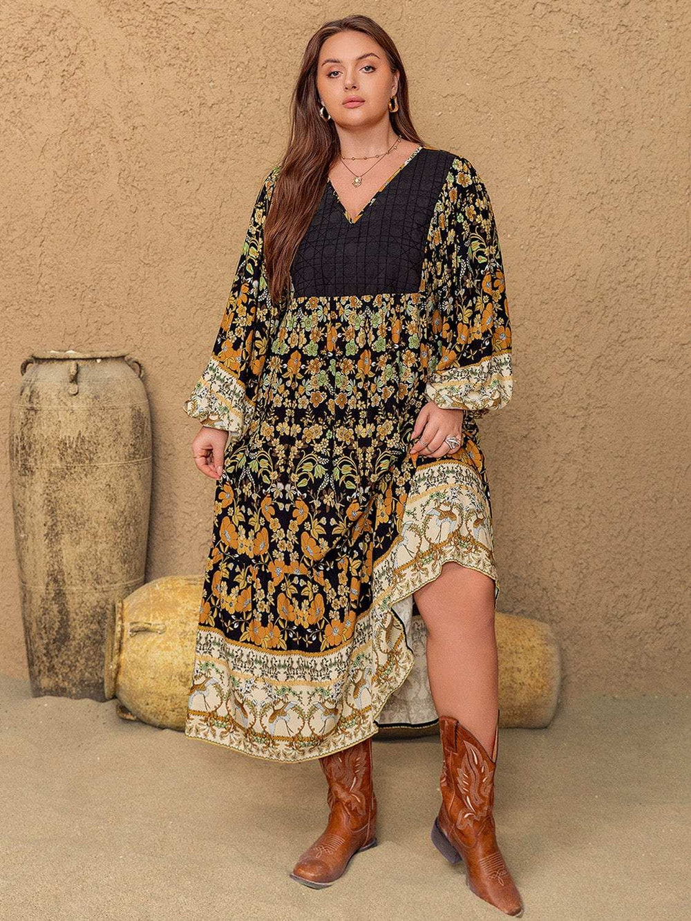 Plus Size Floral V-Neck Balloon Sleeve Midi Dress - Trendsi - Flyclothing LLC