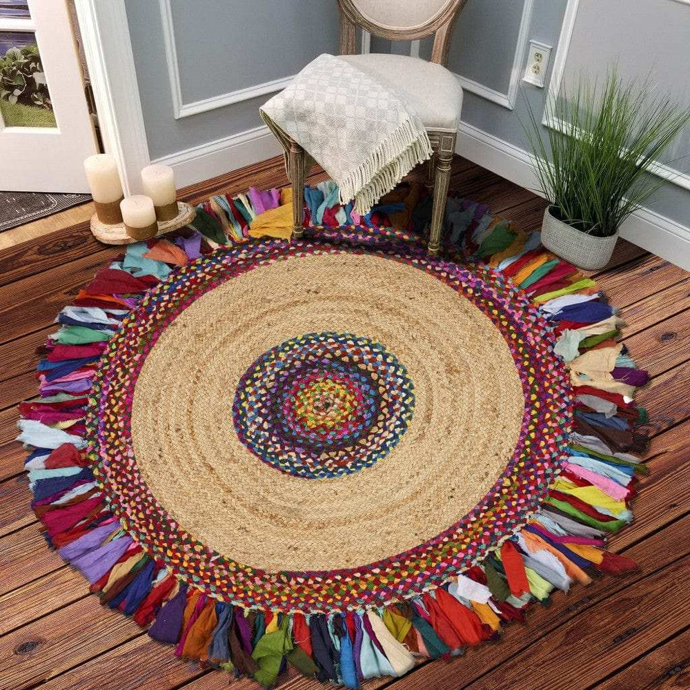 Natural Jute Multicolored Medallion Area Rug With Fringe - Homeroots - Flyclothing LLC