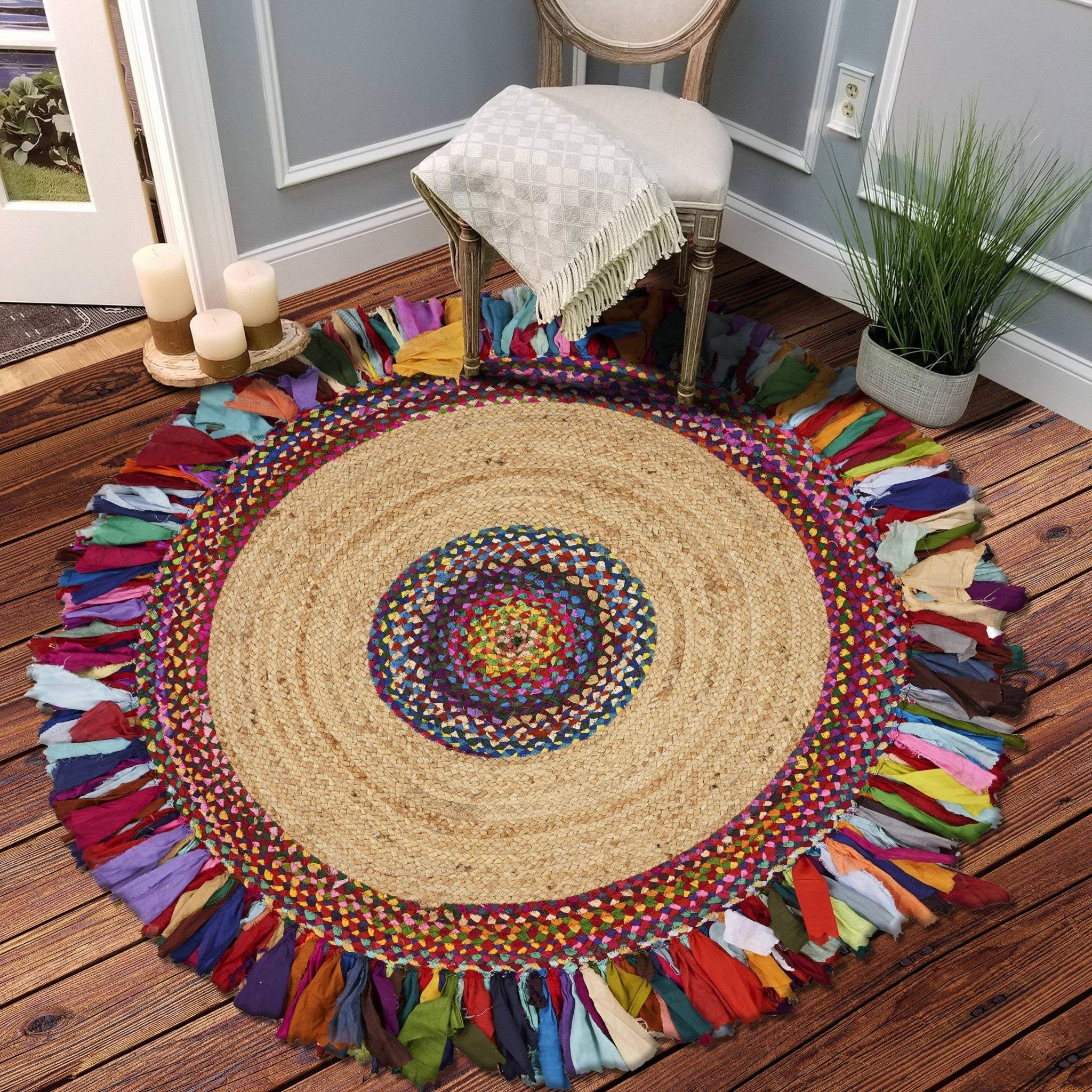 Natural Jute Multicolored Medallion Area Rug With Fringe - Homeroots - Flyclothing LLC