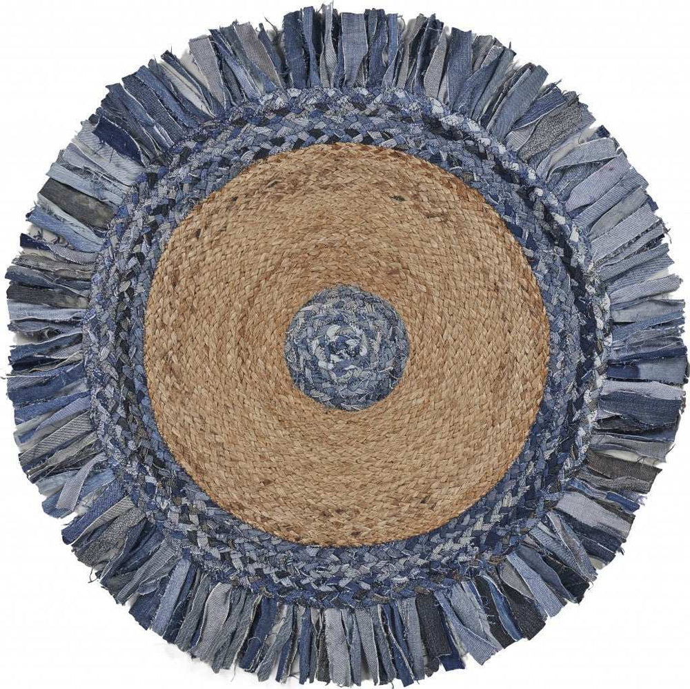 Denim And Natural Jute Fringed Round Rug - Homeroots - Flyclothing LLC