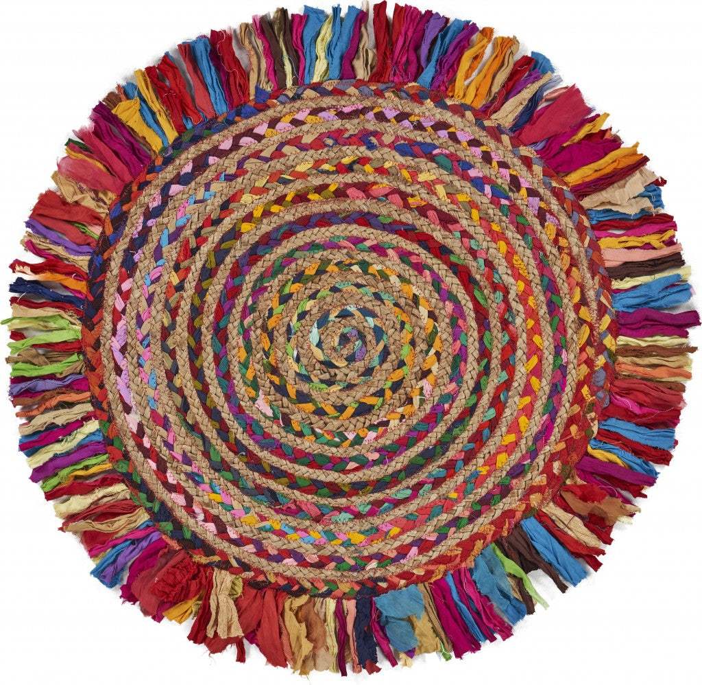 4' Rainbow Multi Round Hand Woven Jute Area Rug With Fringe - Homeroots - Flyclothing LLC