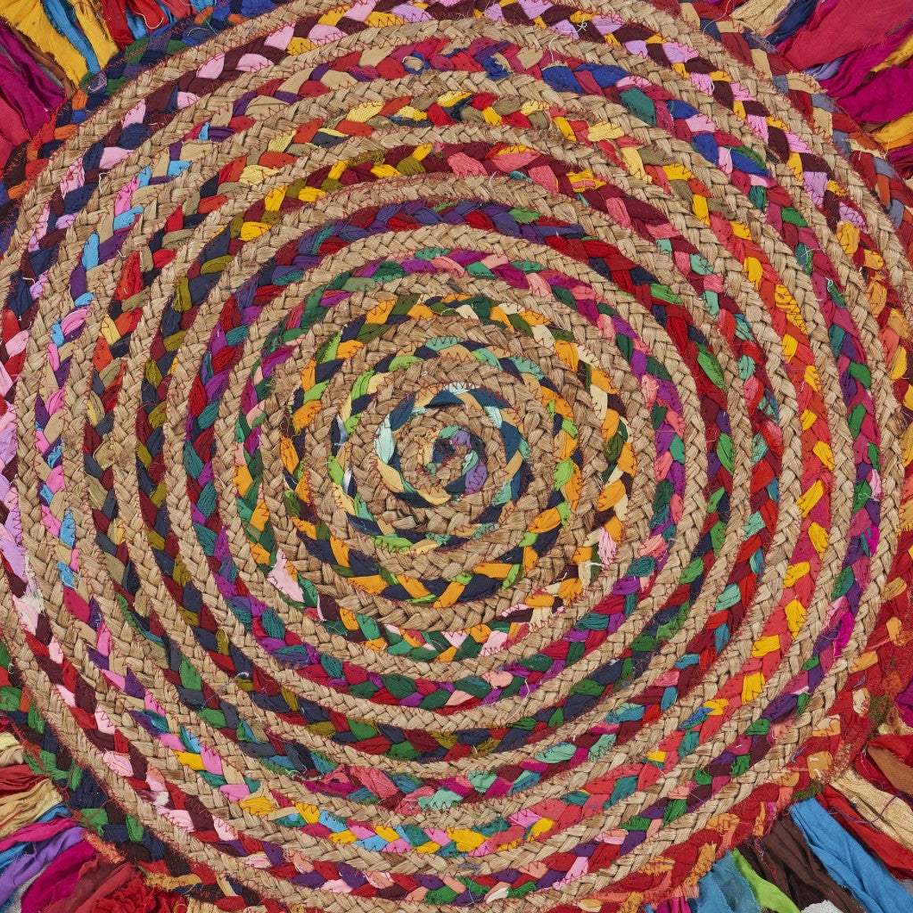 4' Rainbow Multi Round Hand Woven Jute Area Rug With Fringe - Homeroots - Flyclothing LLC