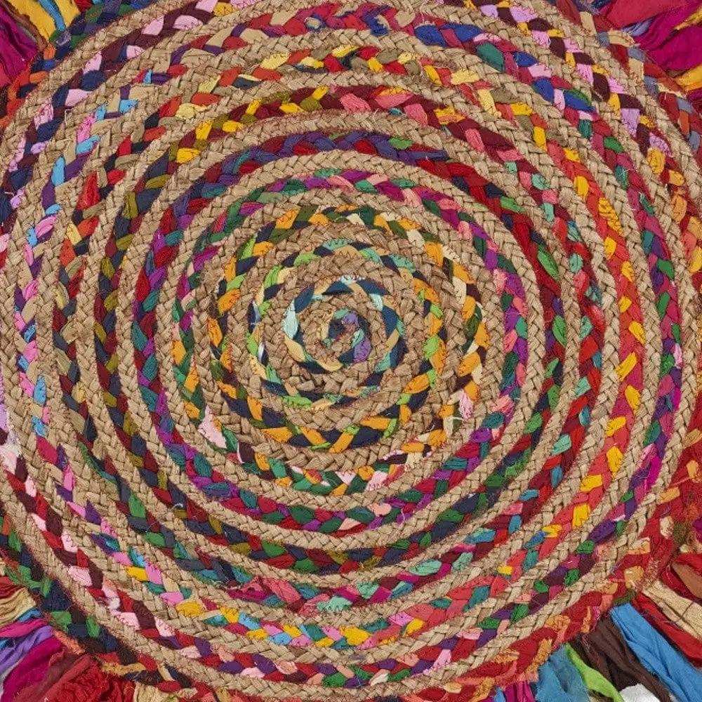 4' Rainbow Multi Round Hand Woven Jute Area Rug With Fringe - Homeroots - Flyclothing LLC