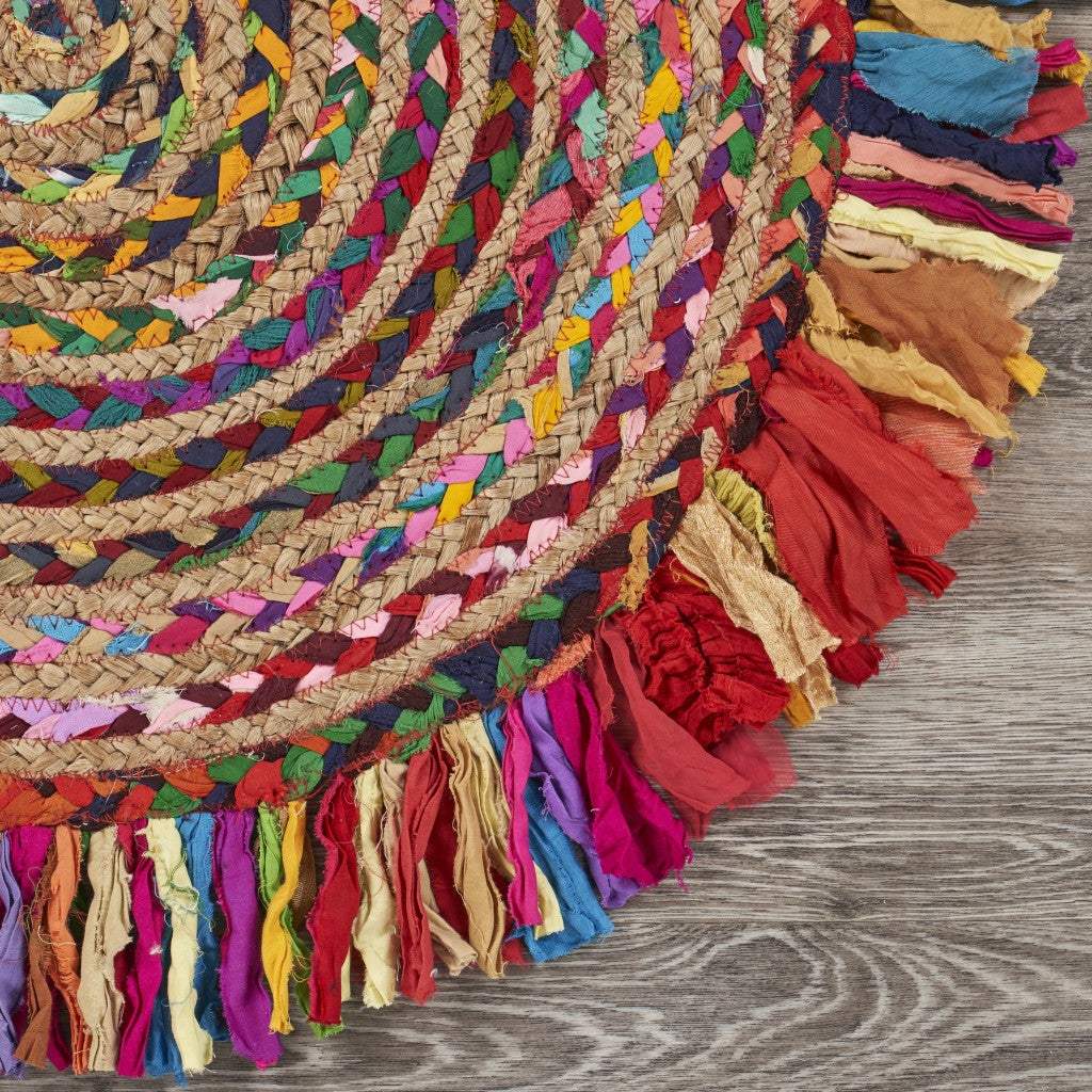 4' Rainbow Multi Round Hand Woven Jute Area Rug With Fringe - Homeroots - Flyclothing LLC