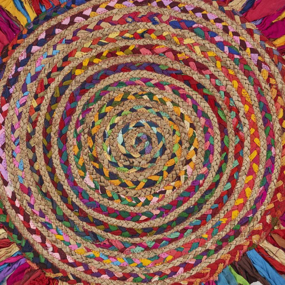 Multicolored Chindi And Natural Jute Fringed Round Rug - Homeroots - Flyclothing LLC