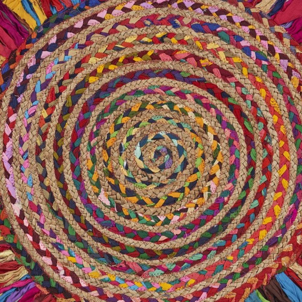 Multicolored Chindi And Natural Jute Fringed Round Rug - Homeroots - Flyclothing LLC