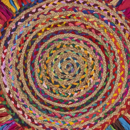Multicolored Chindi And Natural Jute Fringed Round Rug - Homeroots - Flyclothing LLC