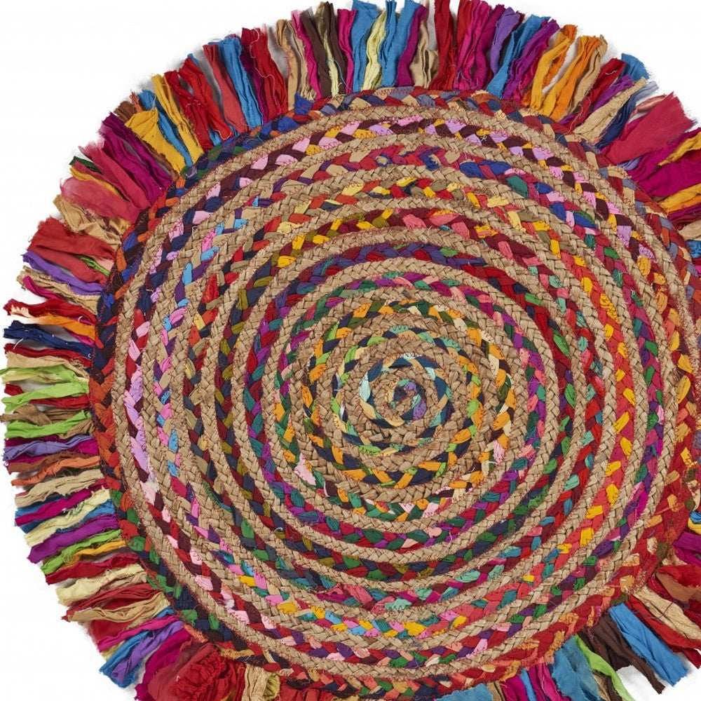 Multicolored Chindi And Natural Jute Fringed Round Rug - Homeroots - Flyclothing LLC
