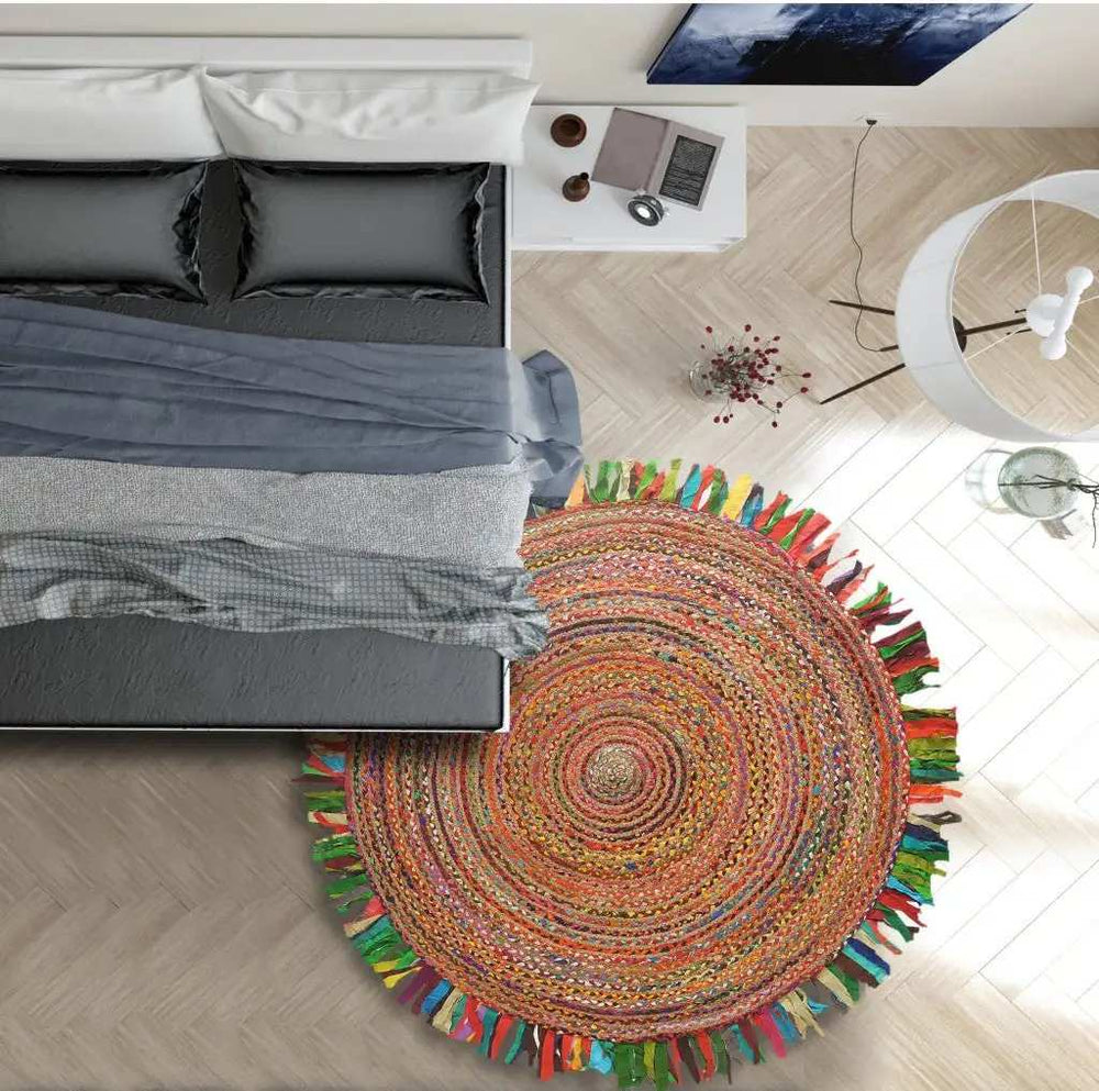 Multicolored Chindi And Natural Jute Fringed Round Rug - Homeroots - Flyclothing LLC