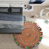 Multicolored Chindi And Natural Jute Fringed Round Rug - Homeroots - Flyclothing LLC