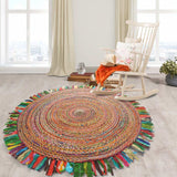 Multicolored Chindi And Natural Jute Fringed Round Rug - Homeroots - Flyclothing LLC