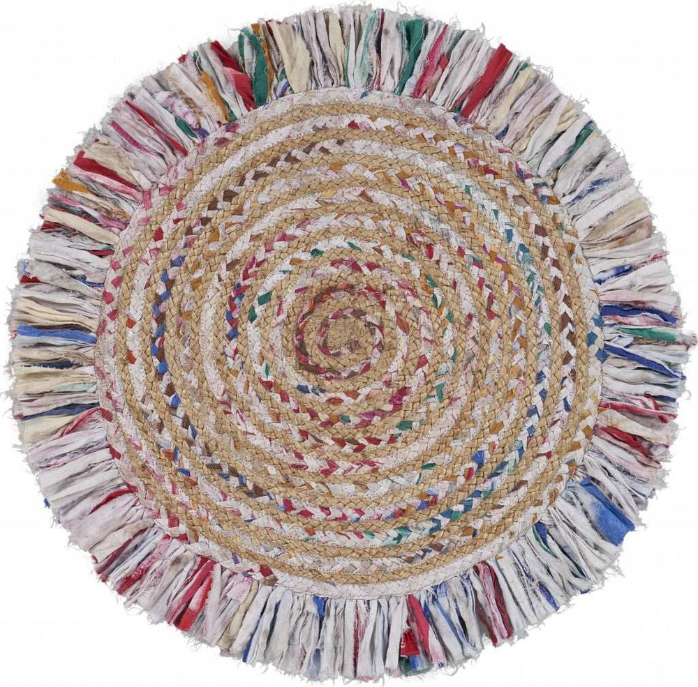 Bleached Multicolored Chindi And Natural Jute Fringed Round Rug - Homeroots - Flyclothing LLC