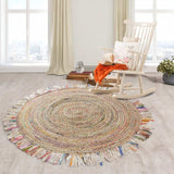 Bleached Multicolored Chindi And Natural Jute Fringed Round Rug - Homeroots - Flyclothing LLC