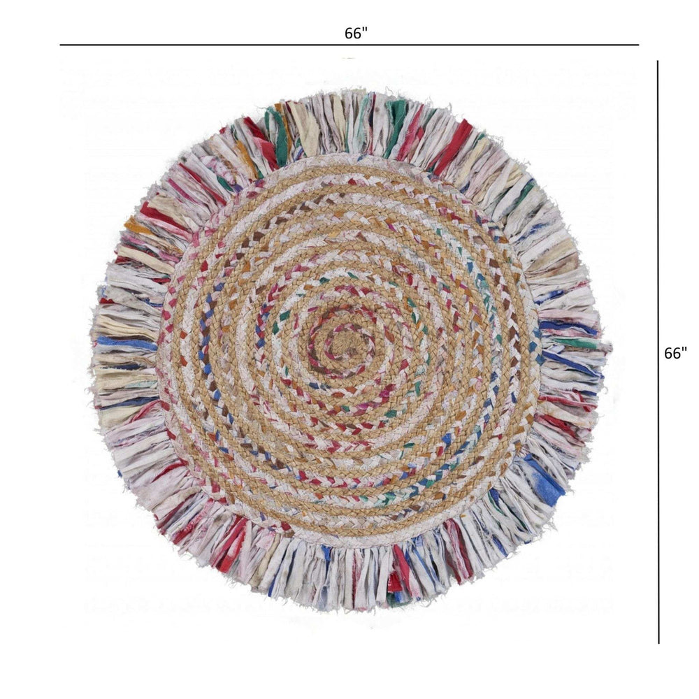 Bleached Multicolored Chindi And Natural Jute Fringed Round Rug - Homeroots - Flyclothing LLC