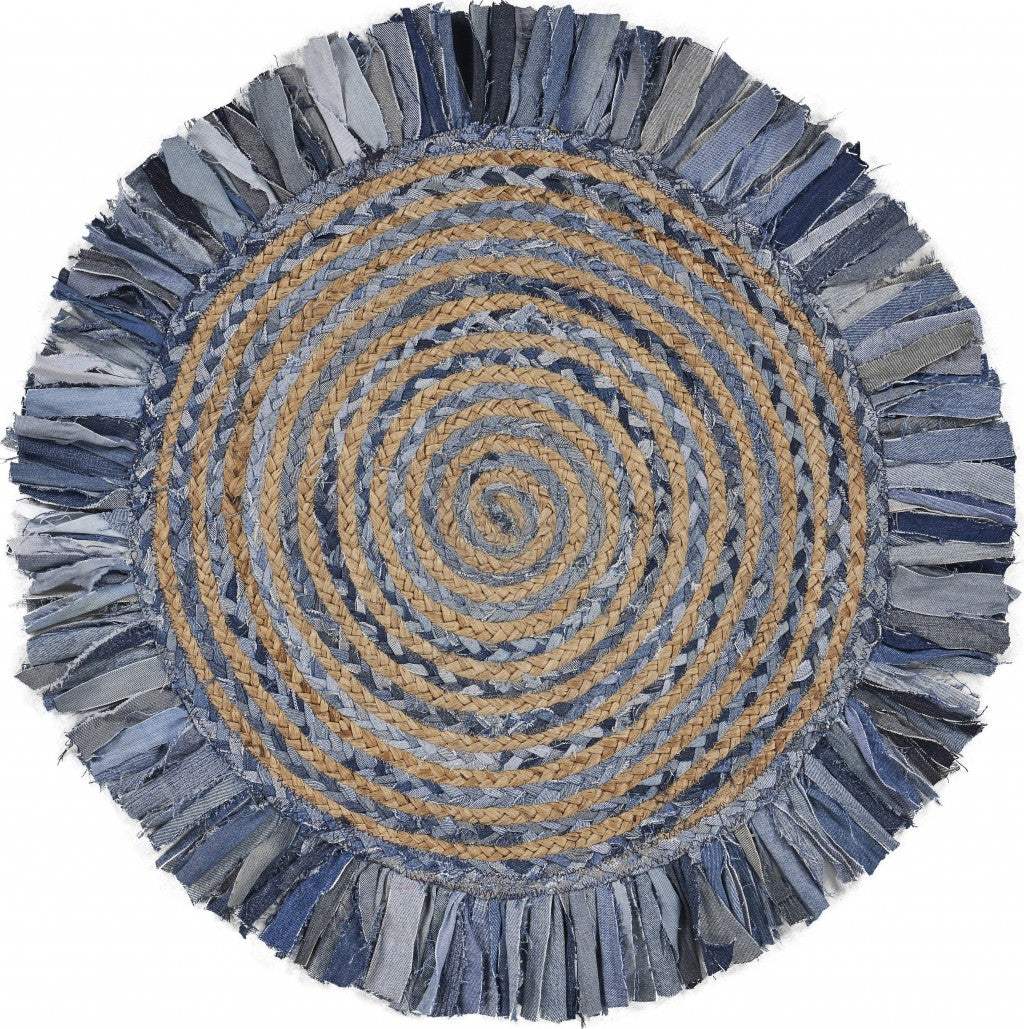 Denim And Natural Jute Round Swirl Fringed Rug - Homeroots - Flyclothing LLC