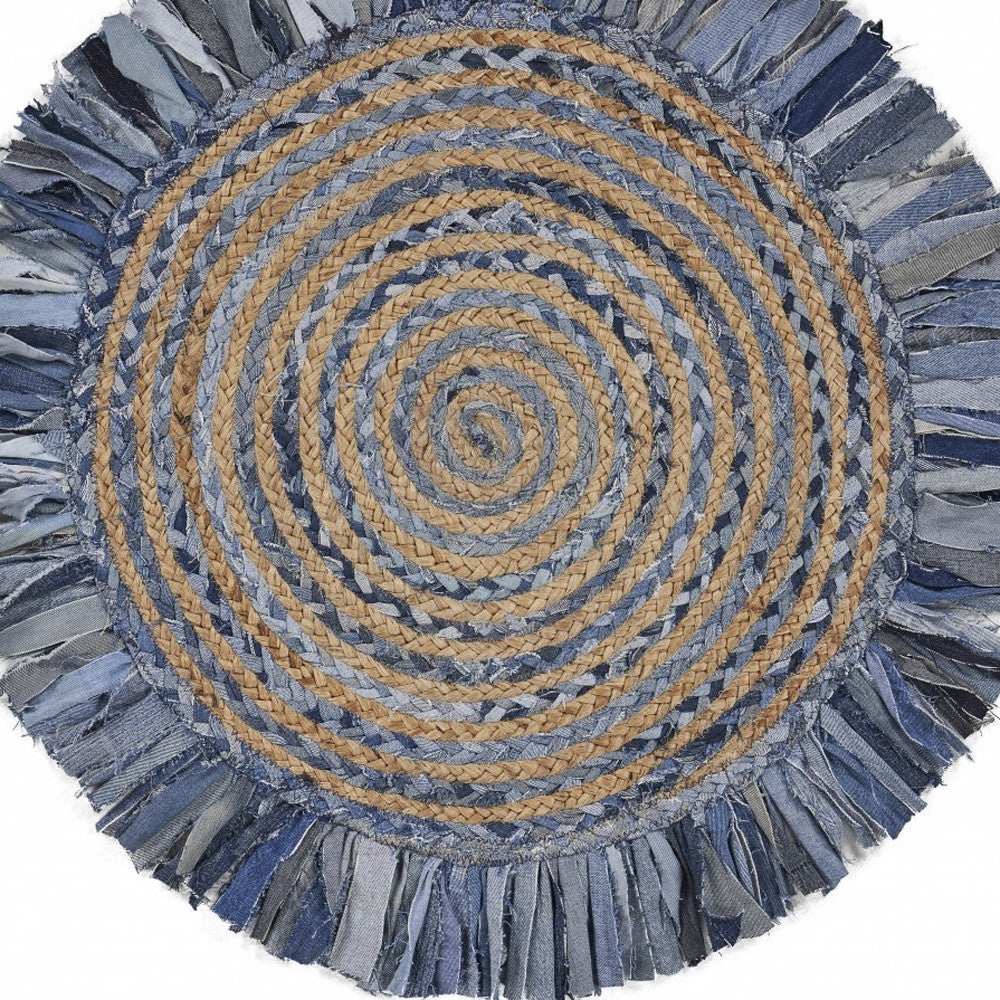 Denim And Natural Jute Round Swirl Fringed Rug - Homeroots - Flyclothing LLC