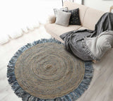 Denim And Natural Jute Round Swirl Fringed Rug - Homeroots - Flyclothing LLC
