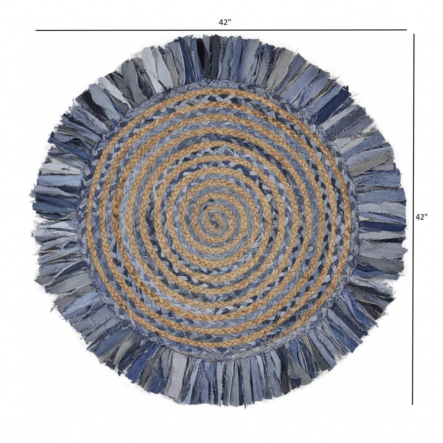Denim And Natural Jute Round Swirl Fringed Rug - Homeroots - Flyclothing LLC