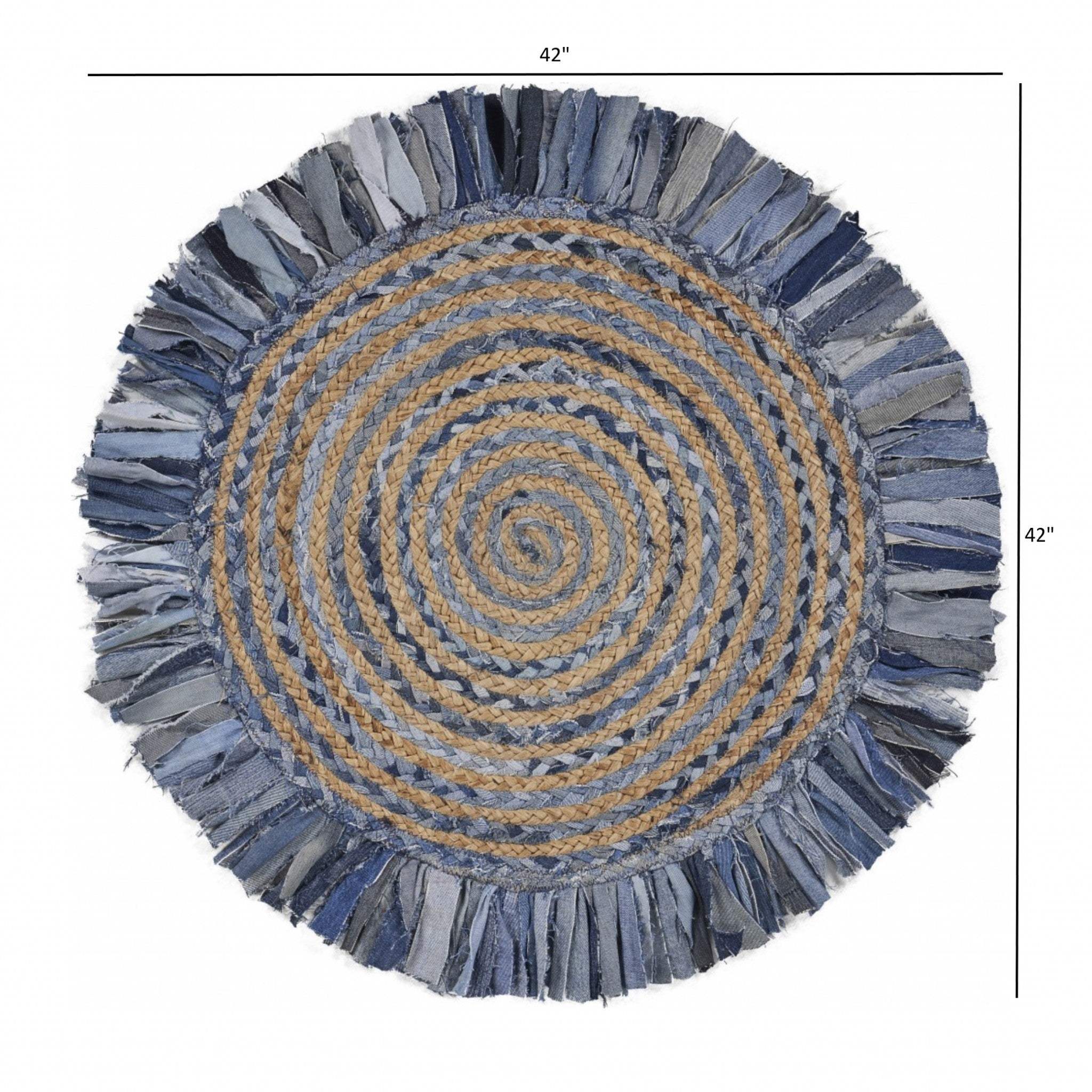 Denim And Natural Jute Round Swirl Fringed Rug - Homeroots - Flyclothing LLC