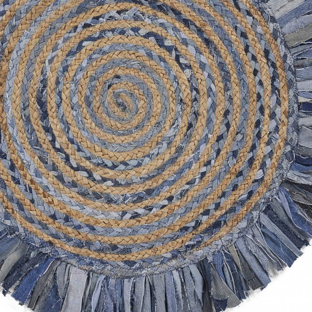 Denim And Natural Jute Round Swirl Fringed Rug - Homeroots - Flyclothing LLC